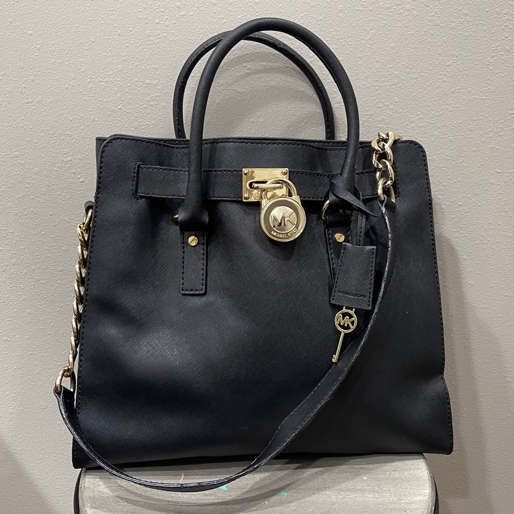 Michael Kors Hamilton Saffiano Leather Medium Satchel, Black w/ Gold Hardware